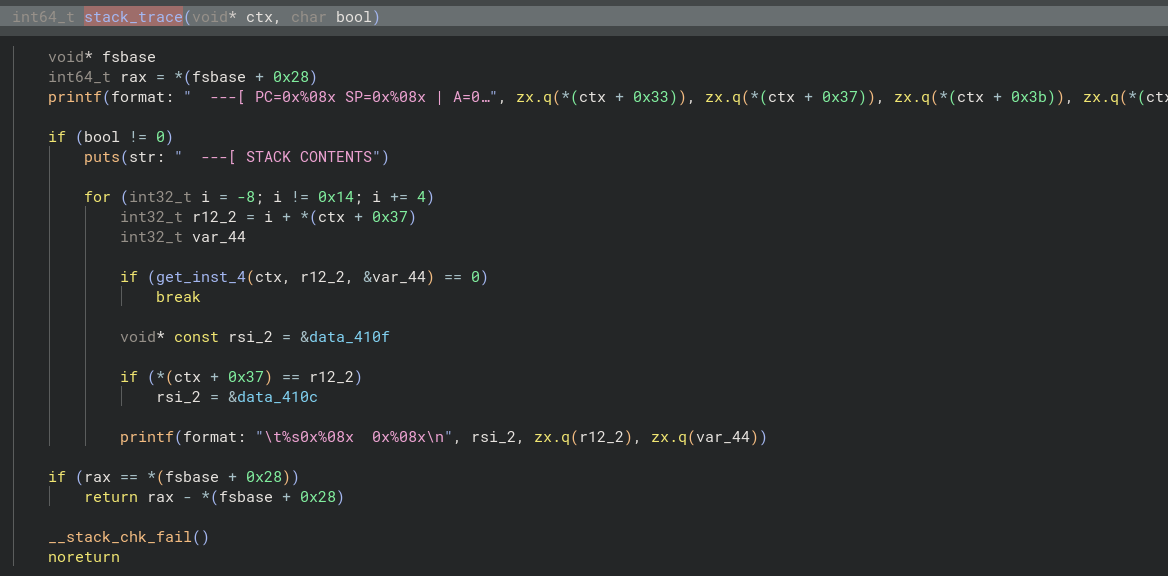 Screenshot of decompilation of stack_trace