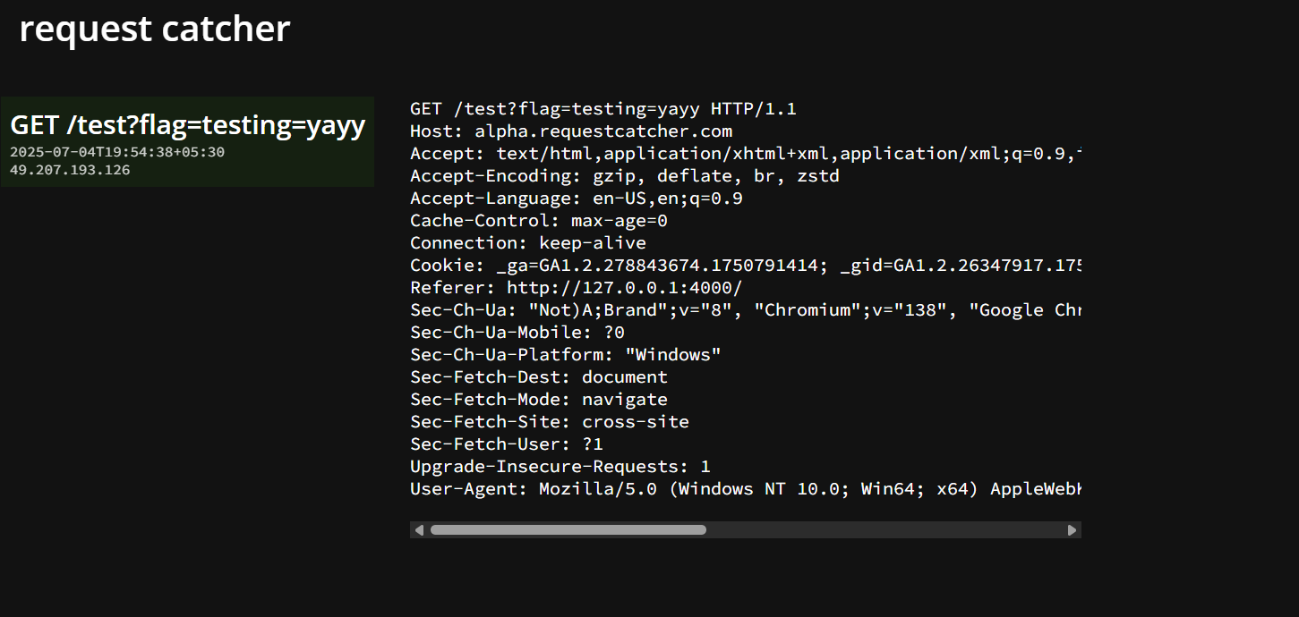 Shows the request being captured with the cookie shown as a parameter